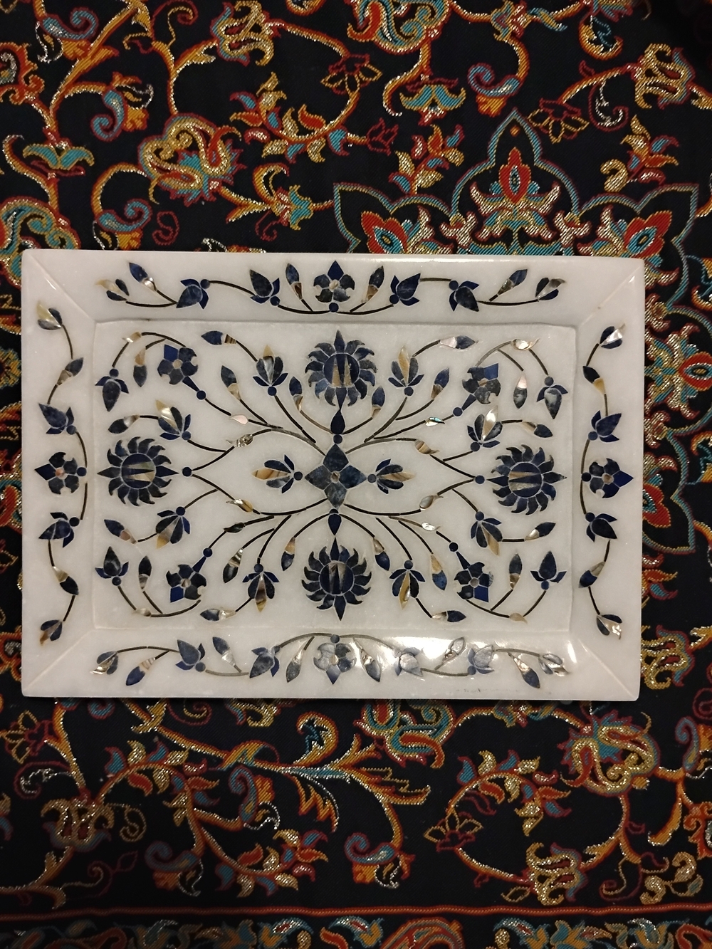 Handcrafted White Marble Lapis Lazuli Inlay Trinket Vanity Tray Pietra Dura 7x5